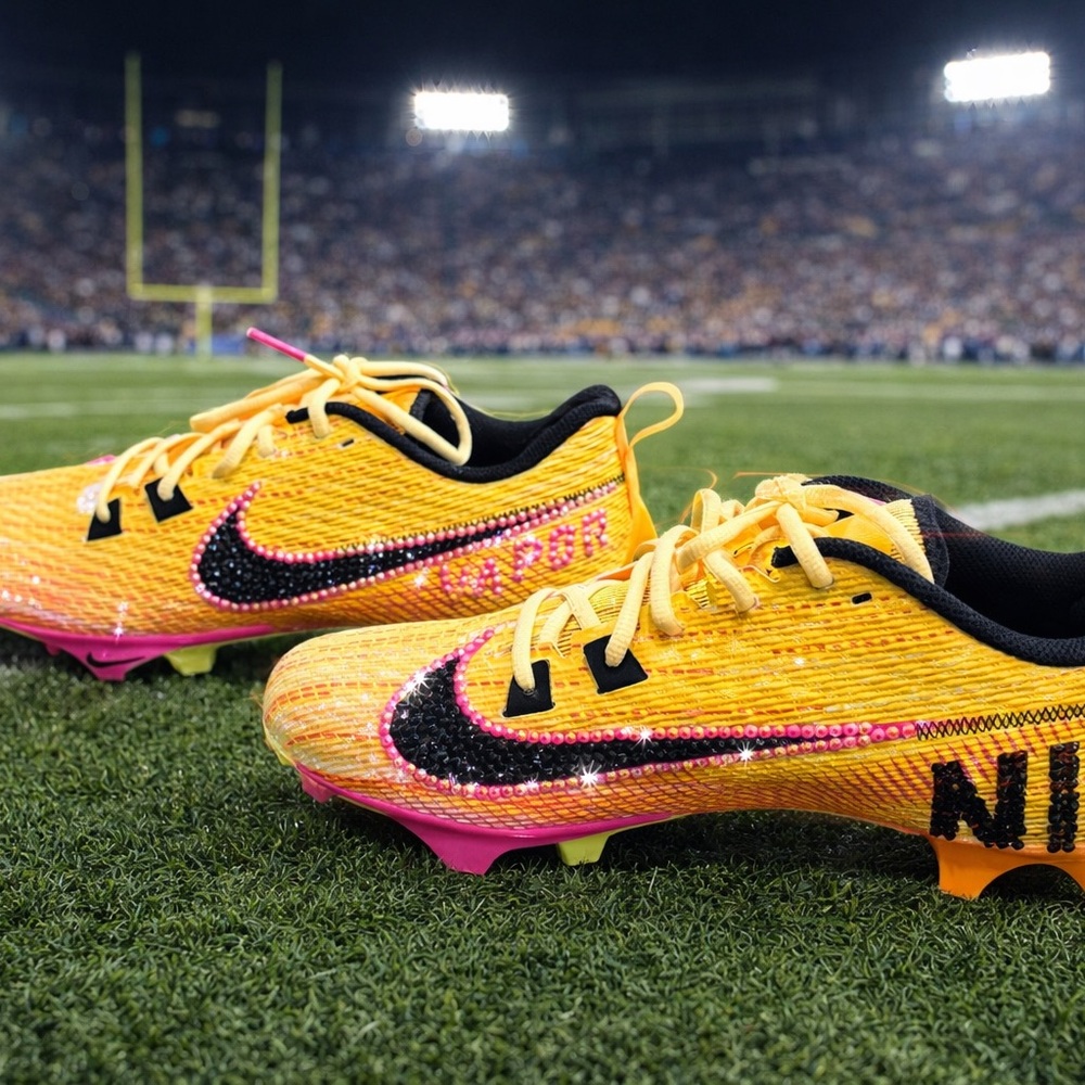 Custom Bedazzled Nike Kids Yellow & Pink Soccer Cleats with Black Swoosh